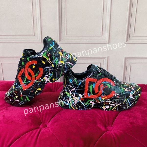 

brand womens designer leather lace-up sneakers fashion lady flat running letters shoes platform sneaker, Black