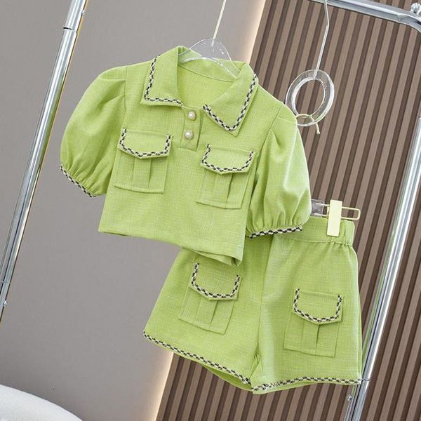 

Clothing Sets Girls Shorts Suit Summer Outer Wear Thin Loose Twopiece Western Style Medium and Small Children Short Sleeve 230512, Grass green