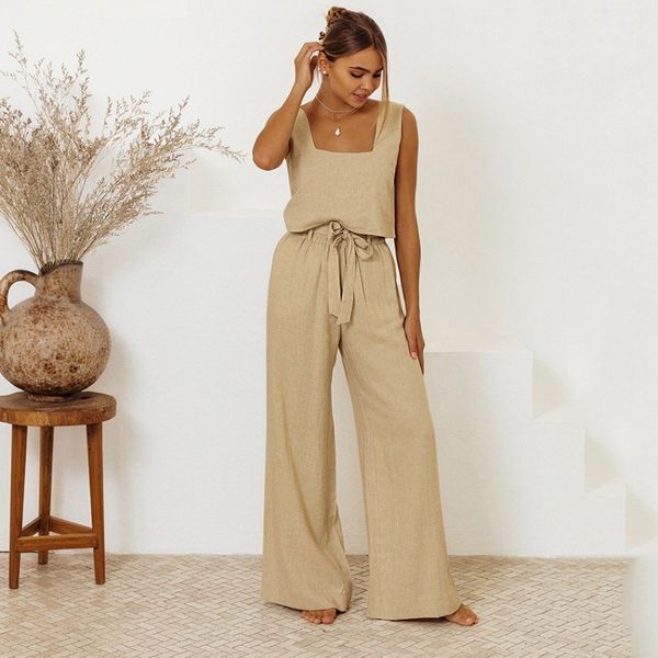

women's two piece pants solid cotton elegant women sets summer casual sleeveless tank high waist wide leg pants two piece sets matching, White