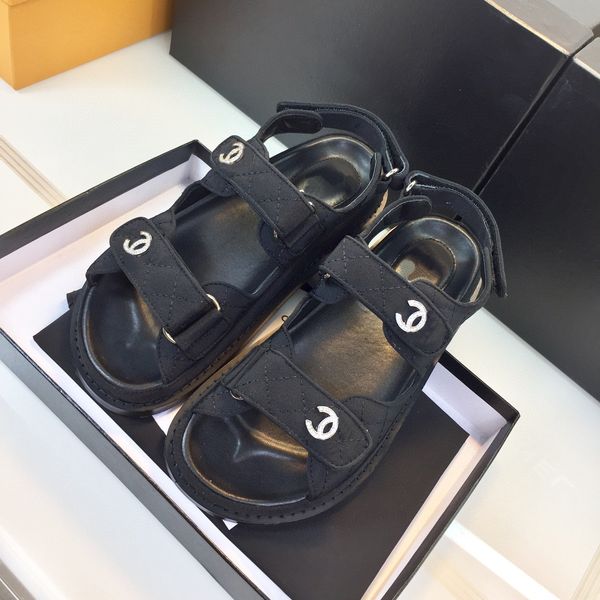

designer women dad sandals womens slides crystal calf leather casual shoes quilted platform summer beach slipper 35-42 with box a, Black