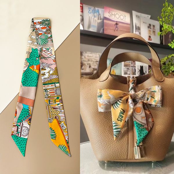 

and high-end animal city h silk scarf small long twill tied wrapped handle mulberry silk twill decorative bag ribbon headband, Blue;gray