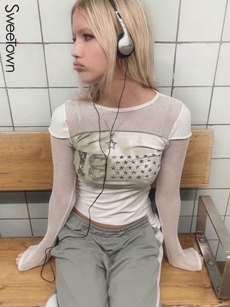 

women's t-shirt sweetown fishnet patchwork grunge white star print aesthetic full sleeve y2k t-shirts women o neck slim basic sweats t