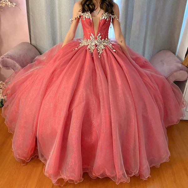 

quinceanera dresses princess deep v-neck crystal ball gown lace-up with tulle plus size sweet 16 debutante party birthday vestidos de 15 ano, Blue;red