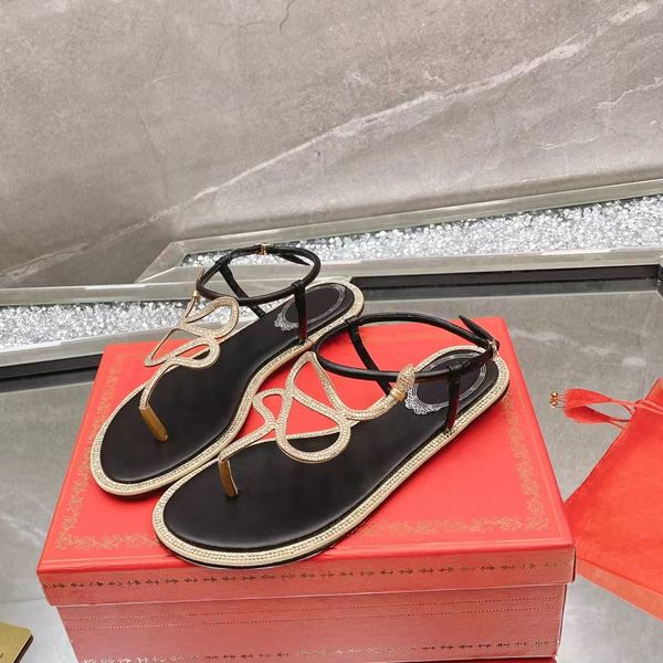 

rhinestone decorative sandals toe clip flat heels dress shoes rene caovilla designer snake shaped thin strap combination ankle strap buckle, Black