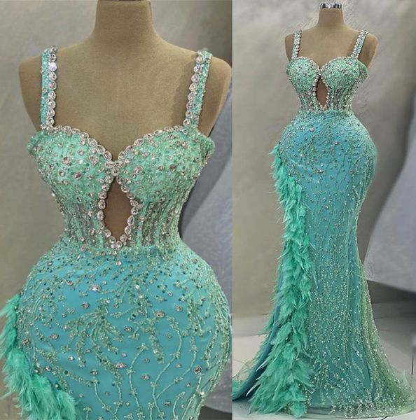 

2023 may aso ebi mint mermaid prom dress feather crystals luxurious evening formal party second reception birthday engagement gowns dress ro, Black