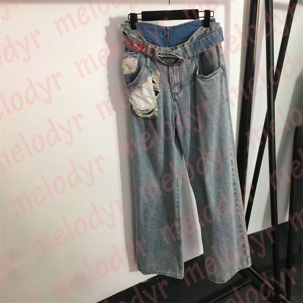 

fashion patchwork jeans womens hole denim pants embroidery letter straight trousers, Blue