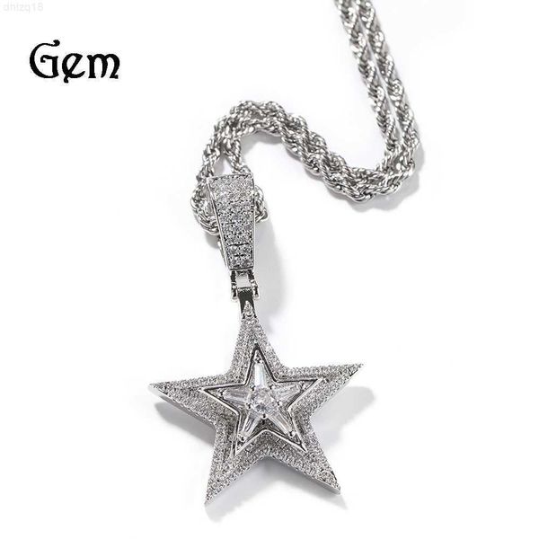 

2023 new european and american hip hop with diamond rotating pentagram pendant necklace men's fashion versatile street jewelry, Silver