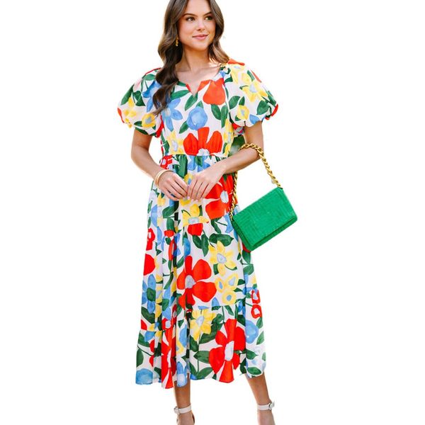 

multicolor notch neckline bubble sleeve floral midi dress, Black;gray