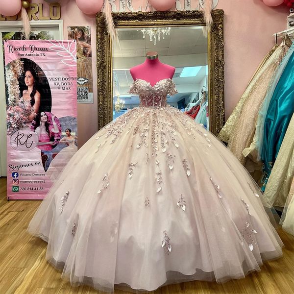 

khaki off the shoulder quinceanera dresses ball gown sleeveless floral appliques lace handmade flowers beading sweet 15 party wear, Blue;red