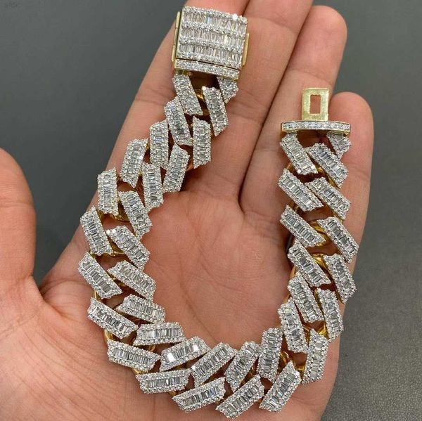 

925 silver baguette iced out moissanite diamond miami cuban link chain bracelet