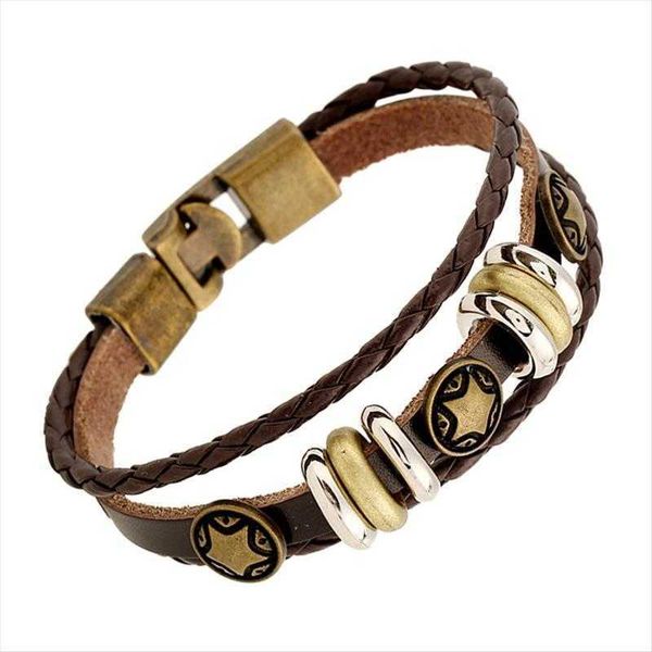 

export a pair of buckles charm genuine leather jewelry vintage alloy pentagram braided bracelet, Golden;silver