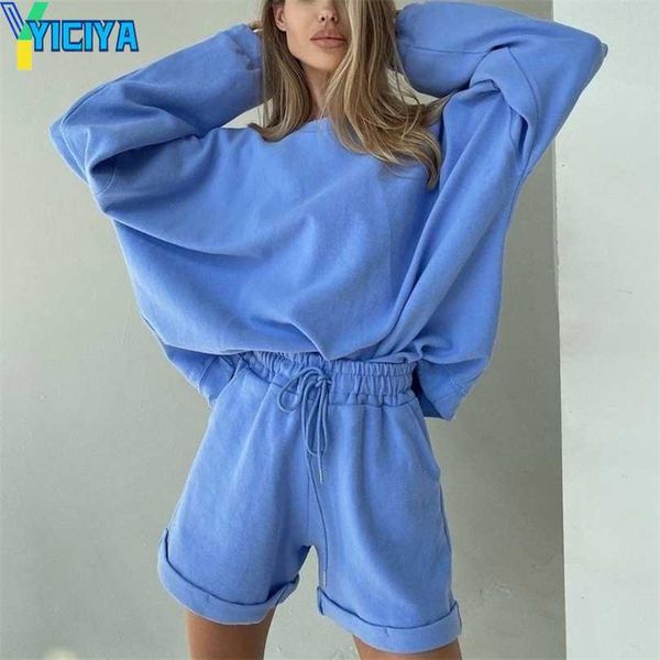 

yiciya 2023 womens tracksuits 2 piece set autumn oversize sweatshirt sporting shorts sweat set two piece outfit solid color sets, Gray