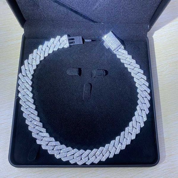 

selling 18mm 18inch round moissanite diamond chain luxury 3 row vvs moissanite 18k gold plated cuban link chain necklace, Silver