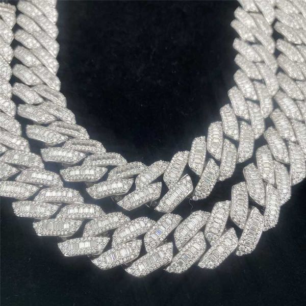 

solid silver 15mm wide gra moissanite baguettes diamond cuban link chain for mens rapper hip hop cuban necklace