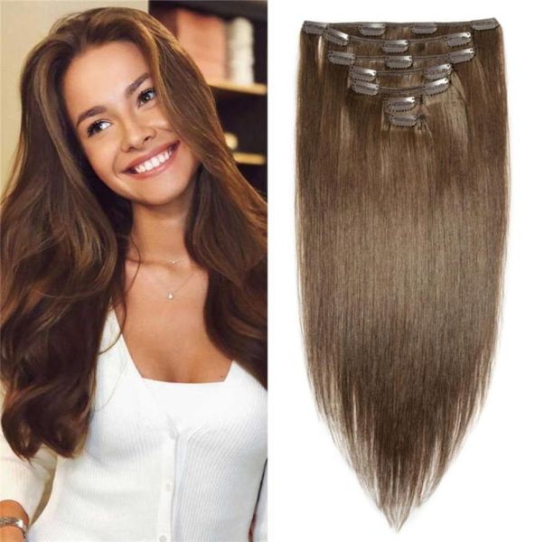 

chocolate brown clip in hair extensions real human hair for women slik straight double weft clip ins on extensions full head 120g 5593869, Black;brown