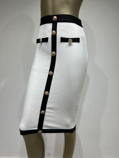 

Skirts Women Elastic Bandage Skirt Black White High Waist Gold Buttons Elegant Pencil Office Lady Formal Business Wear