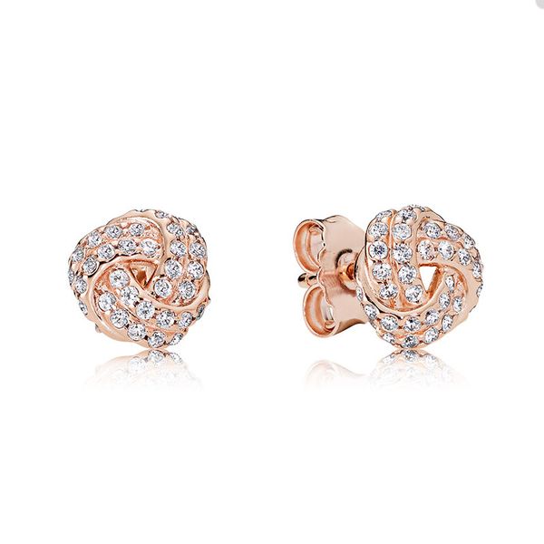 

luxury rose gold knot stud earrings for pandora 925 sterling silver wedding party jewelry designer earring set for women sisters gift earrin, Golden;silver