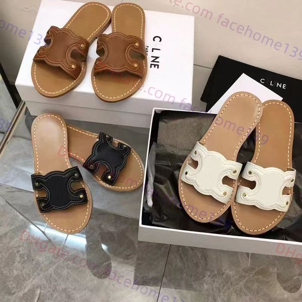 

triomphe slippers designer sandals mules triomphe leather women's luxury fashion slipper summer beach sandals slides with original box, Black