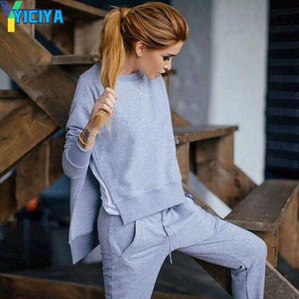

yiciya autumn tracksuit long sleeve slit solid sweatshirts casual suit women clothing 2 piece set +pants sporting suit female, Gray