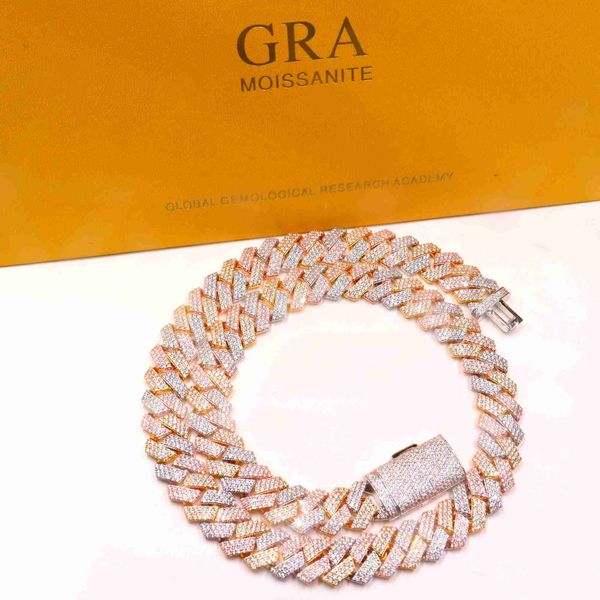 

13mm wide custom length three color rose gold silver gold plated 925 sterling silver iced out cuban link chain cz