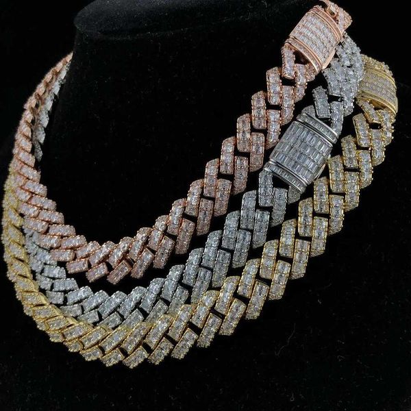 

luxury rapper hip hop cuban chain 12mm width asscher cut prong setting moissanite men iced out cuban link chain necklace, Silver