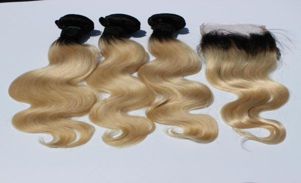 

brazilian ombre blonde hair bundles extensions with closure body wave hair 1b613 part lace closure with 3pcs ombre hair weft3722545, Black;brown