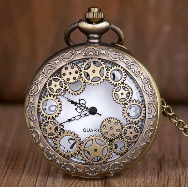 

classic hollow gear pocket watch quartz masculino relogio vintage fashion unique gifts watches clock necklace saati reloj, Slivery;golden