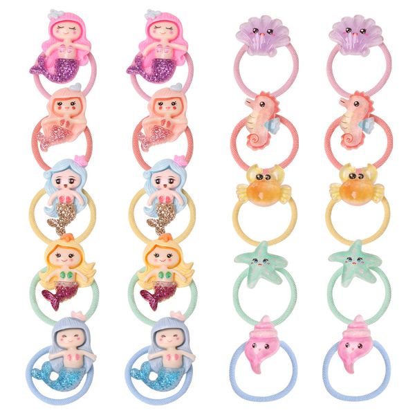 

16159 cute baby girls hair rope resin cartoon mermaid sea animal kids hair ring high elastic hairband children girl hairs rings, Slivery;white