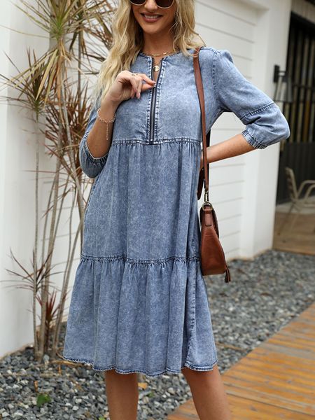 

casual dresses black dress women spring summer imitation denim vintage dress solid female fashion casual blue dress knee-length o-neck cloth, Black;gray