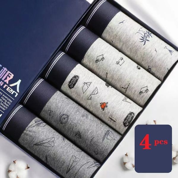 

underpants 4pcs/lot pure cotton men's underwear antibacterial breathable print men's boxer shorts sports plus size male underpants, Black;white