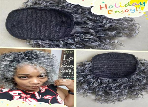 

brazilian ponytail saltpepper medium length ombre silver grey kinky curly gray hair ponytails with drawstring combs women hai3039644, Black