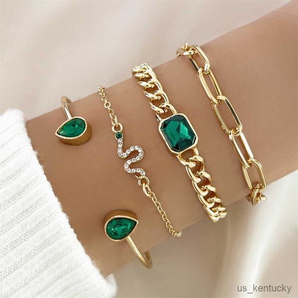 

charm bracelets pcs/set vintage snake bracelets anklet for women gold plated geometric luxury green crystal la cuff chains jewelry, Golden;silver