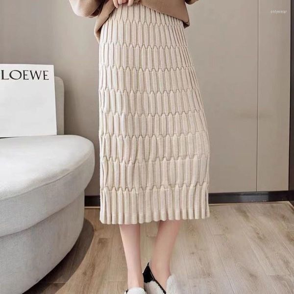 

Skirts 2023 Arrival Autumn Women All-matched Elegant Slim Knitted Mid-calf Skirt Casual Elastic Waist Pencil P448, Green
