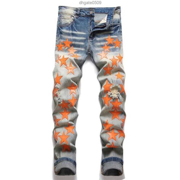 

mens jeans designer amirs denim tears pants perforated patch trendy elastic stacked versatile 's slim pencil 5jn75, Blue