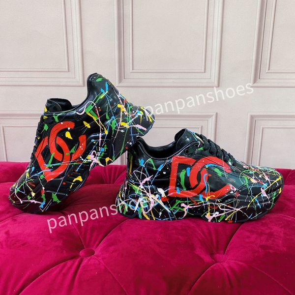 

2023new brand womens designer leather lace-up sneakers fashion lady flat running letters shoes platform sneaker, Black