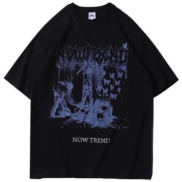 

men's t-shirts hip hop streetwear t shirt butterfly print t-shirt 2023 men harajuku cotton loose tshirt autumn short sleeve tees black, White;black