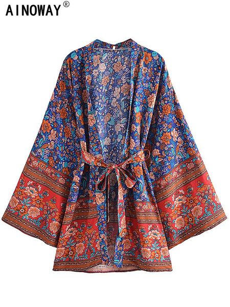 

swimwear vintage floral print sashes rayon cotton bohemian kimono for women batwing sleeves happie short robe boho bikini coverups, White;black