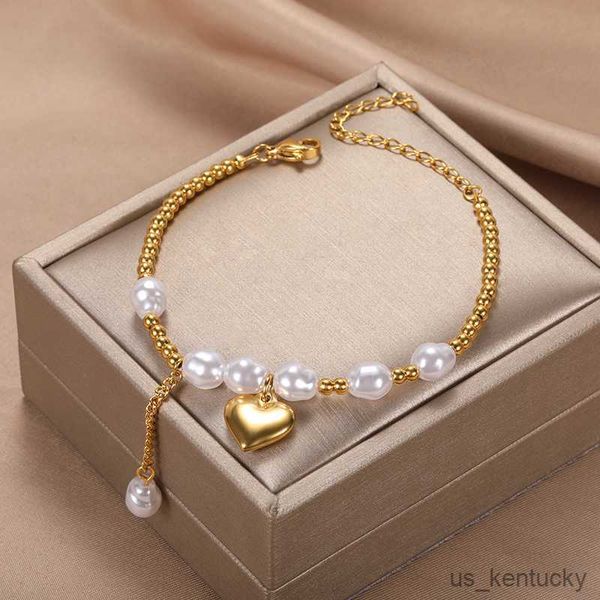 

charm bracelets fashion double layer pearl bracelet crystal heart pendant bracelet for women stainless steel party bride jewelry gift, Golden;silver