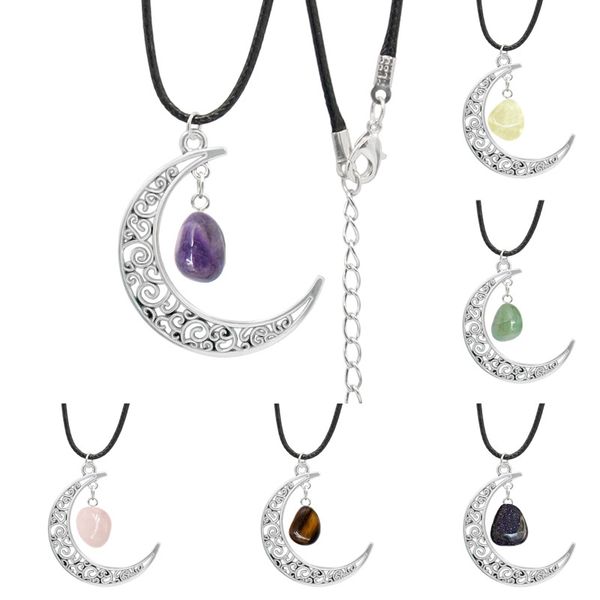 

natural crystal raw stone moon necklace rose quartz amethysts charka necklaces for women jewelry, Silver
