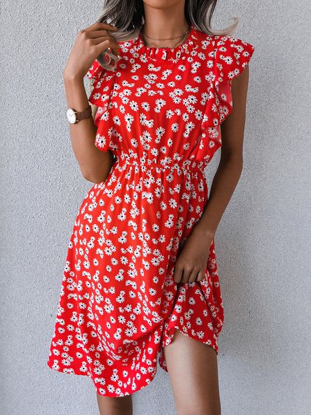 

casual dresses summer sleeveless floral midi chiffon dresses women ruffle stand collar a-line tank dress female printed bohemian beach vesti, Black;gray