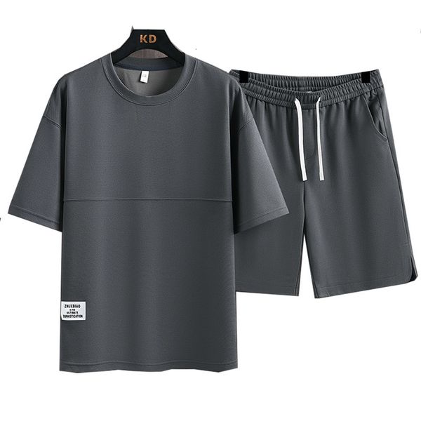

men's tracksuits summer men's two piece set linen fabric casual t-shirt and shorts set mens sports suit fashion short sleeve track, Gray