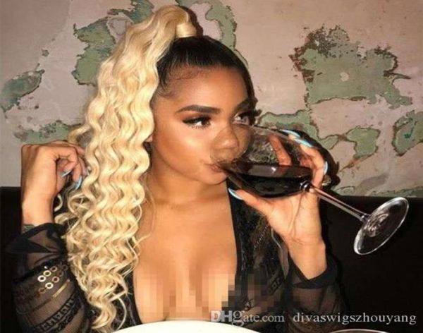 

european virgin human hair extension 120g virgin cuticle aligned blond hair drawstring ponytail 613 deep curly white blonde hair7262400, Black