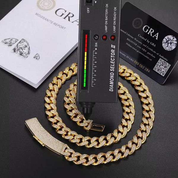 

hip hop jewelry 12mm gold plated silver moissanite iced out long buckle miami cuban link chain necklace for men