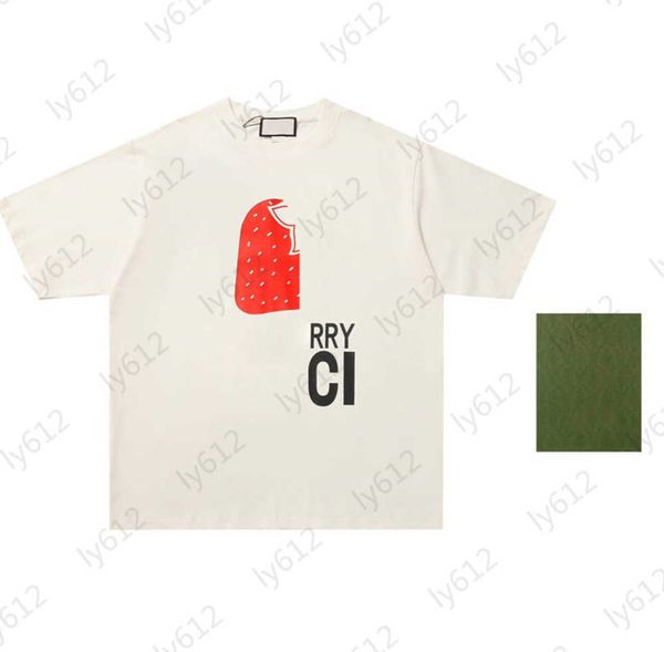 

beige mens t-shirts classic brand letter logo with strawberry pattern print design decoration cotton loose round neck t-shirt male summer cl, White;black