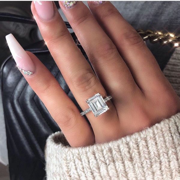 

emerald cut 3ct lab diamond cz ring 925 sterling silver engagement wedding band rings for women men fine party jewelry, Slivery;golden