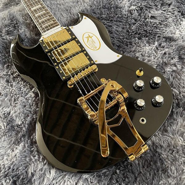 

double cutaway gloss black sg electric guitar bigs tremolo bridge gold hardware