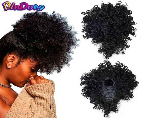 

dindong short afro kinky curly updos synthetic clip in warp ponytail hair extension tail false hair ponytail with bangs 2202085247359, Black;brown