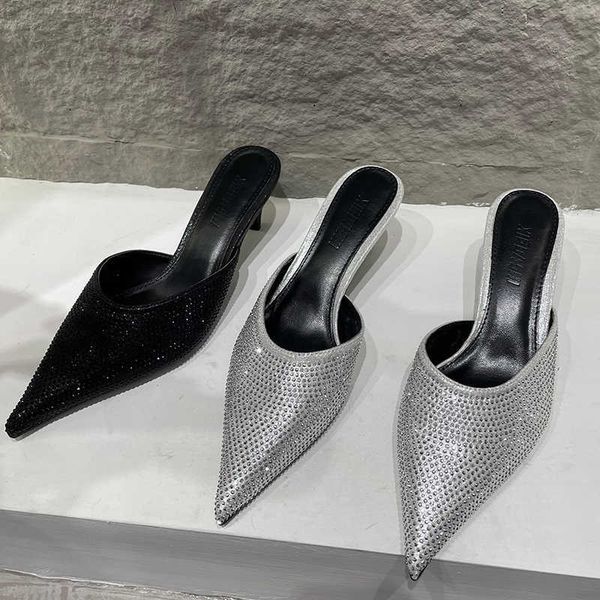

slippers 2023 pumps shoes heels woman mules slides rhinestones fashion pointed toe ladies low high slip on female sandals 230511, Black