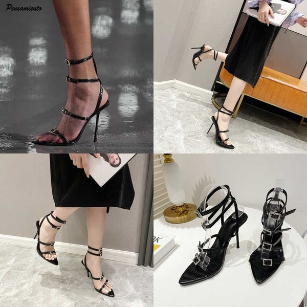 

sandals runway style fashion leather strap buckle women stilettoe high heels gladiator summer party prom shoes 230406, Black