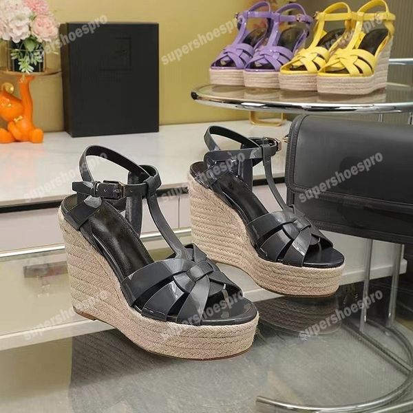 

Designer Sandal Women Cassandra Sandals Lady Wedge Espadrilles Womens Black Patent Leather High Heels Adjustable Buckle Wedding Dress Shoes, # 4